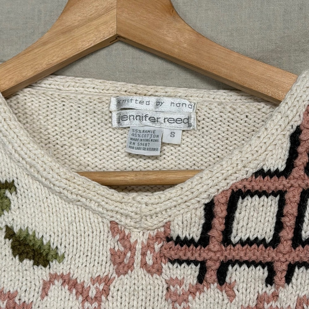 Jennifer Reed Vintage Knitted by Hand Floral Ramie Cotton Sweater Women's S - Picture 3 of 7